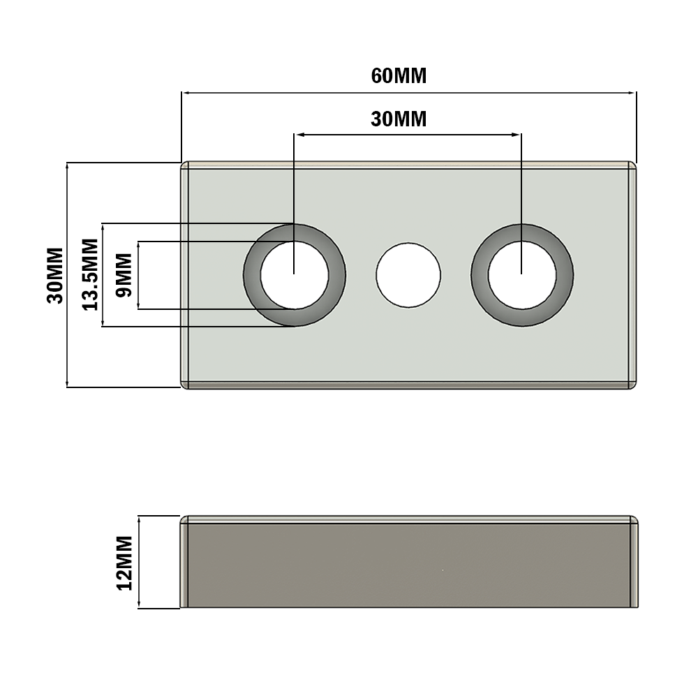 32-3060M10S-0 MODULAR SOLUTIONS FOOT & CASTER CONNECTING PLATE<BR>30MM X 60MM, M10 HOLE, SOLID ALUMINUM